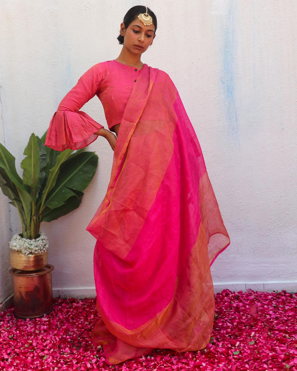 Ujjwala Pink Handwoven Linen Zari Saree - Eknoor