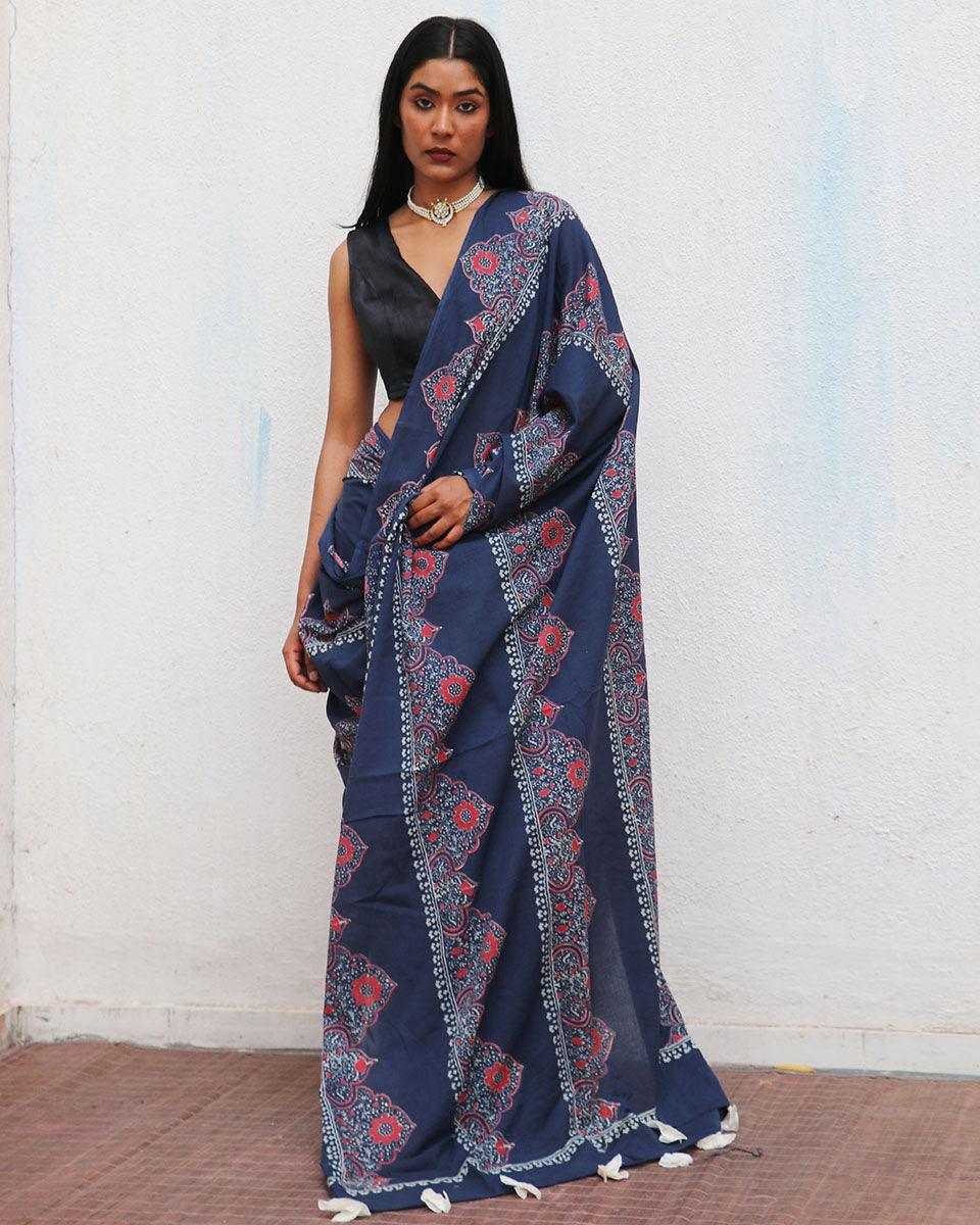 Blue Handblockprinted Cotton Saree - Fmtm