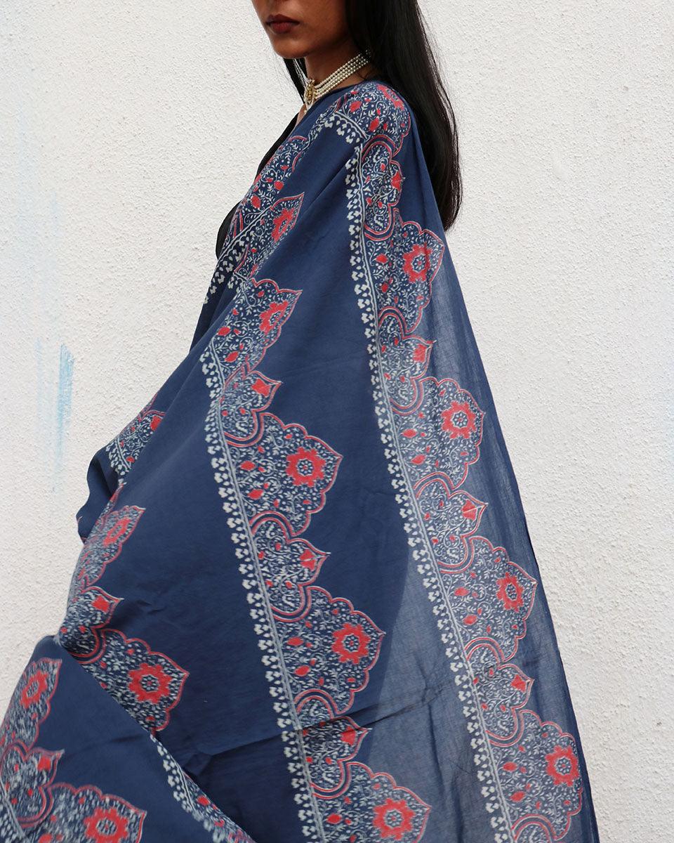 Blue Handblockprinted Cotton Saree - Fmtm