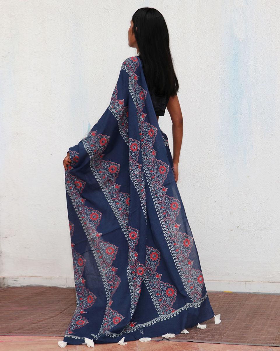 Blue Handblockprinted Cotton Saree - Fmtm