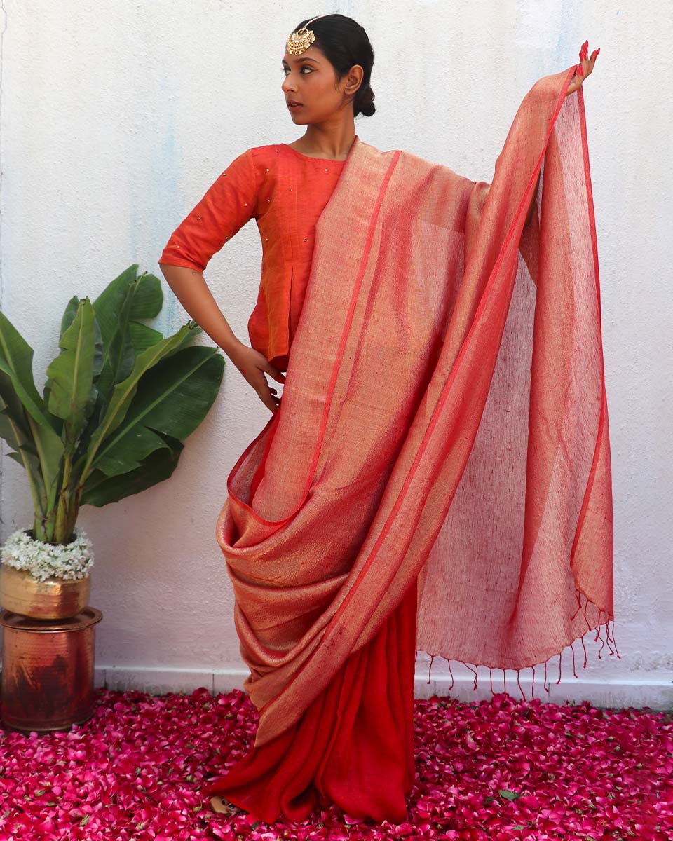 Abhati Handwoven Linen Zari Saree - Eknoor