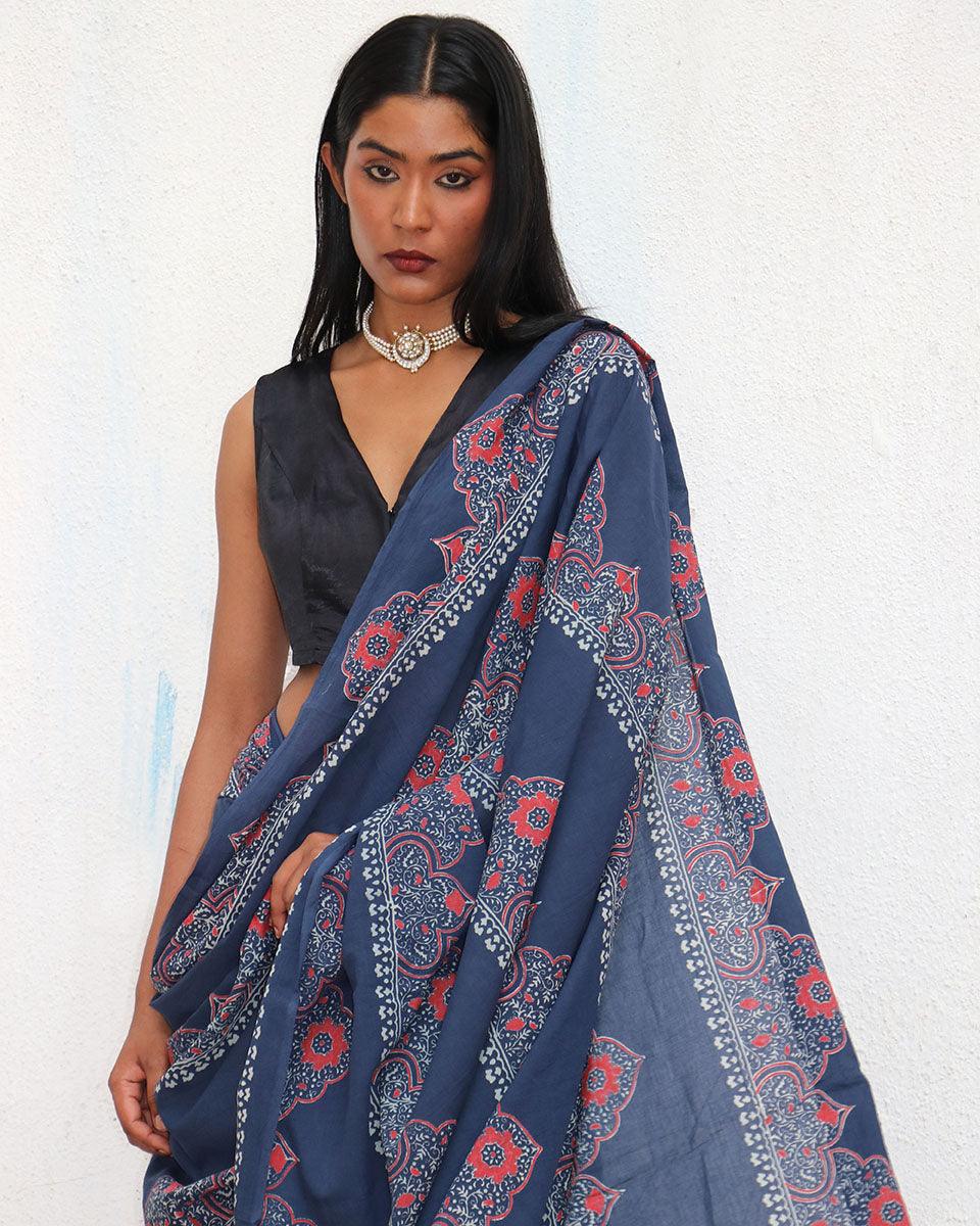 Blue Handblockprinted Cotton Saree - Fmtm