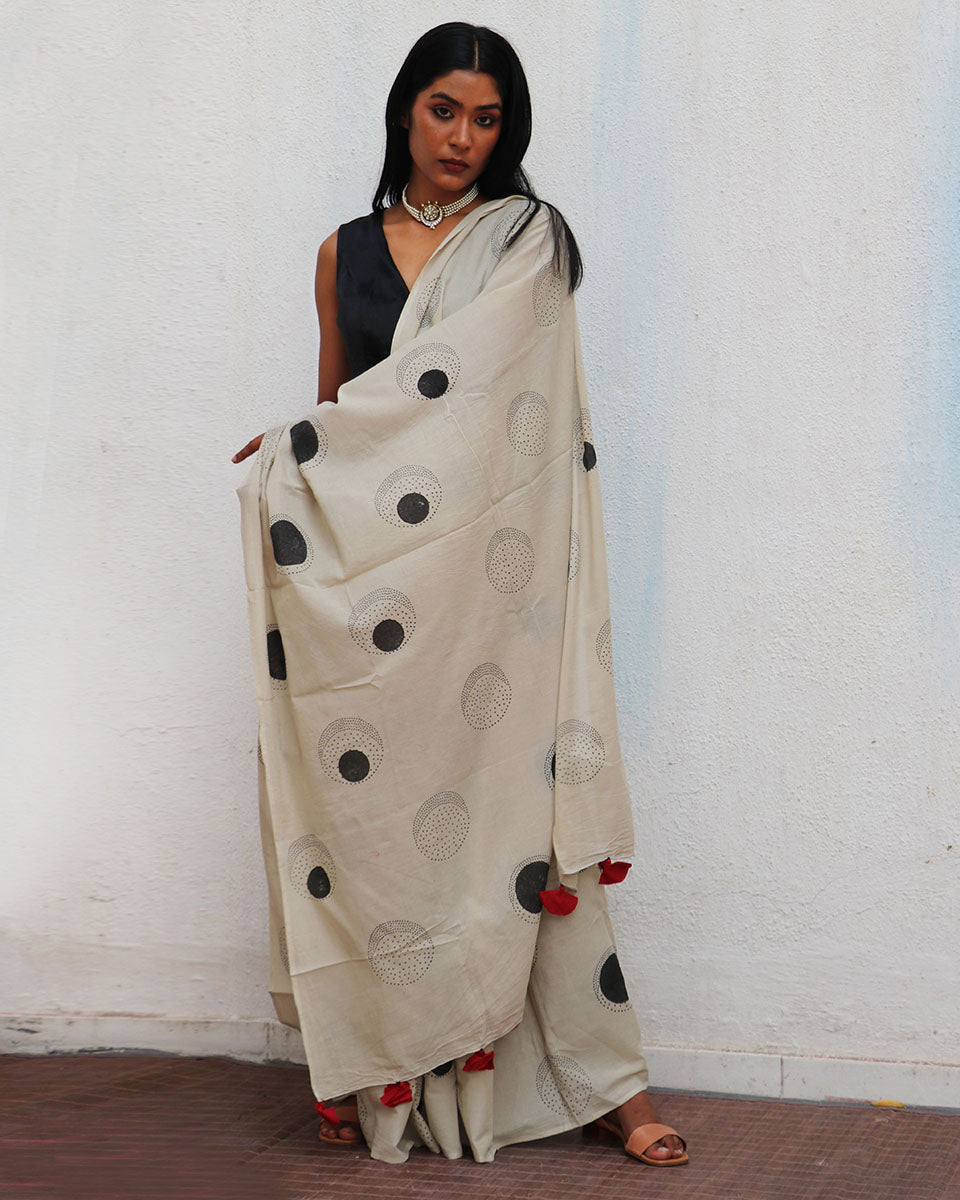 Snowflakes Handblockprinted Cotton Saree - Fmtm