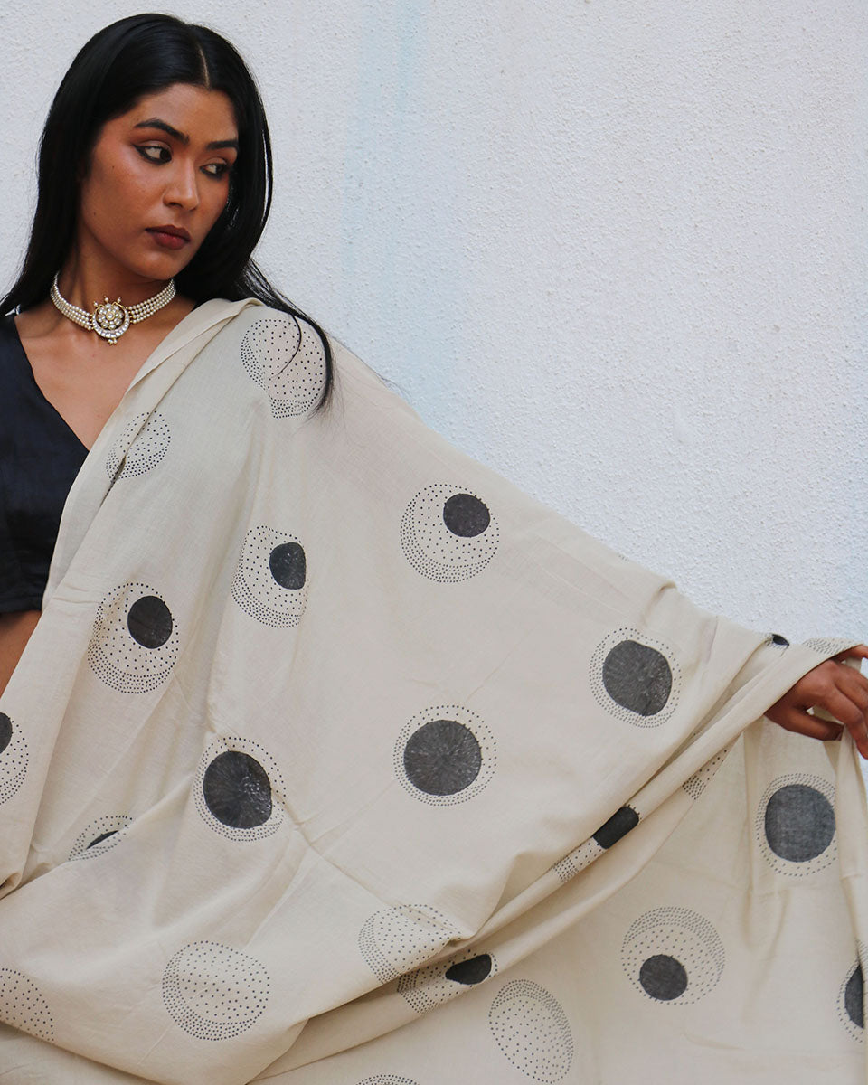 Snowflakes Handblockprinted Cotton Saree - Fmtm