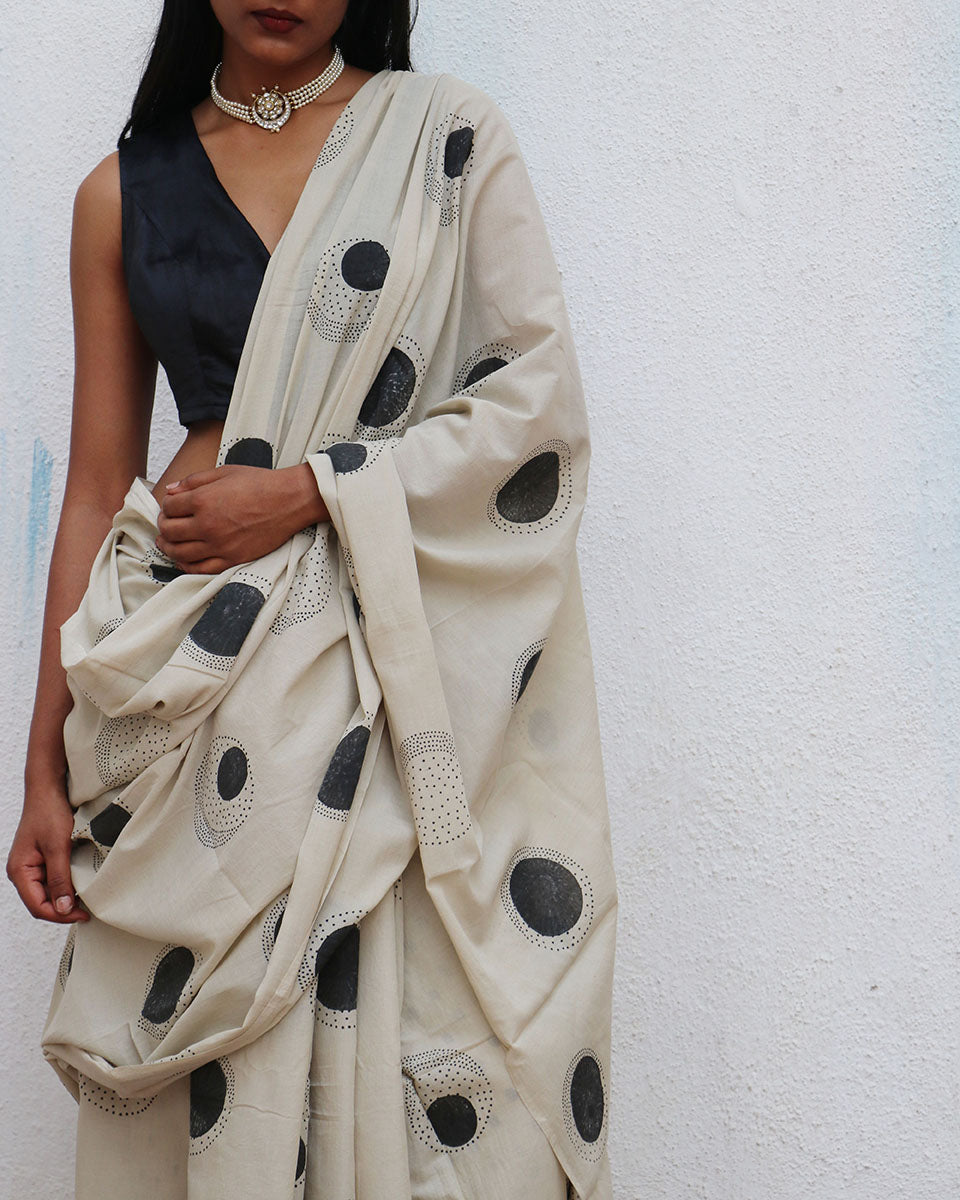 Snowflakes Handblockprinted Cotton Saree - Fmtm