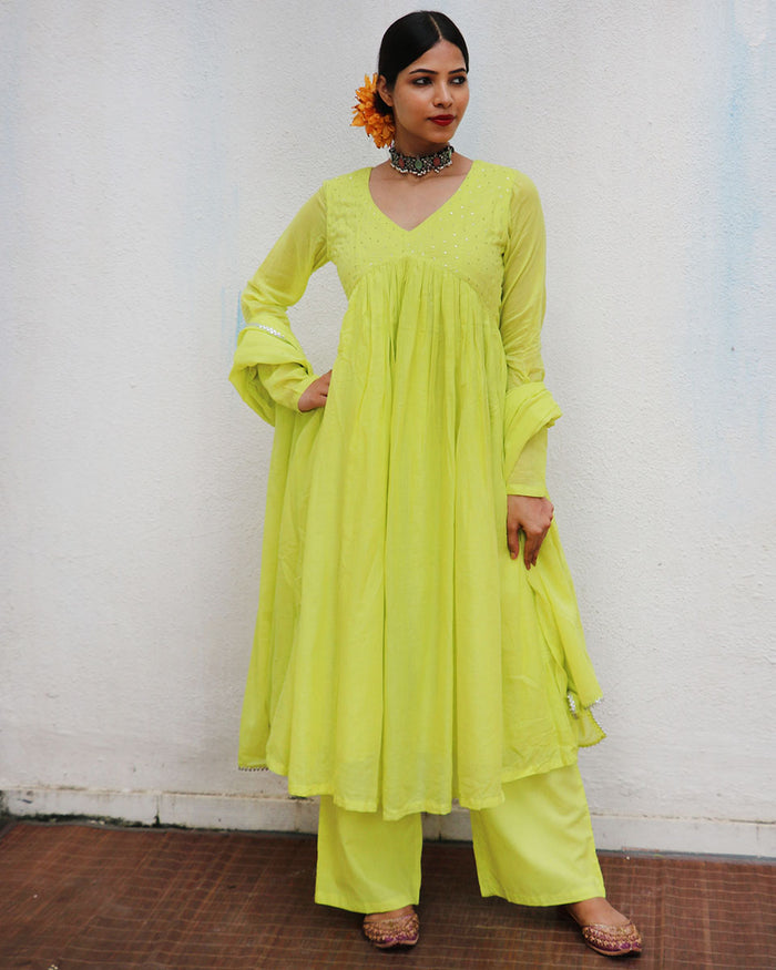 Buy Lime Green Mulmul Cotton Kurta Set with Dupatta