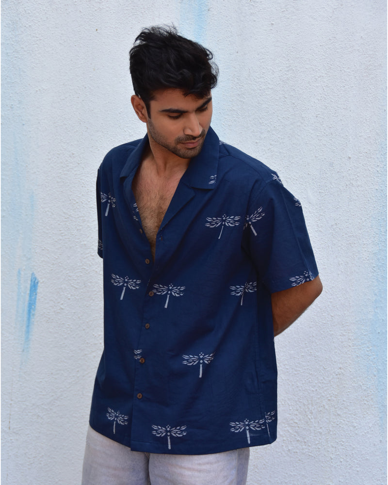 Dragonfly In Blue Handblockprinted Pure Cotton Shirt