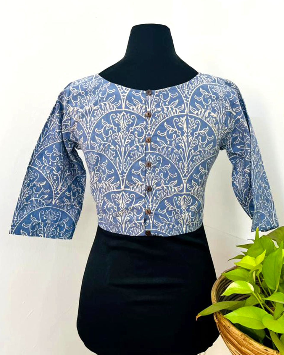 TanaBana Blue Handblock Print Cotton Blouse - Noor