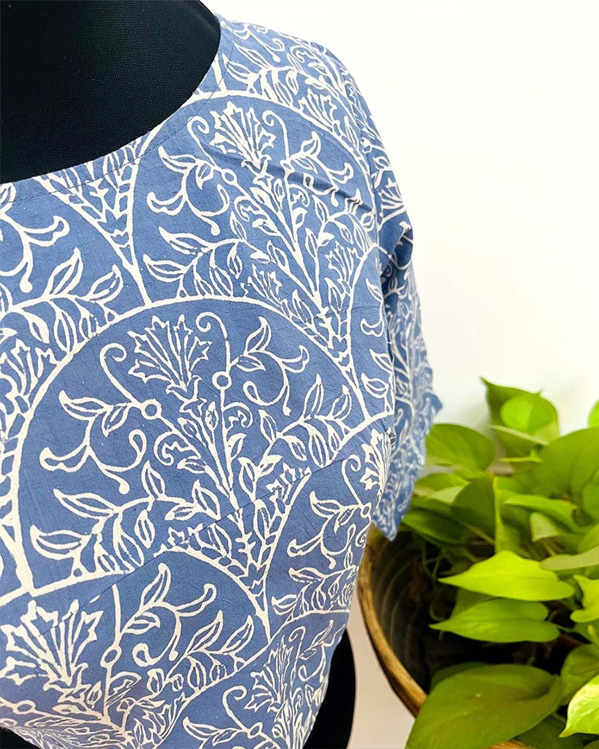 TanaBana Blue Handblock Print Cotton Blouse - Noor