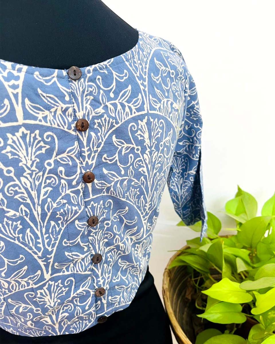 TanaBana Blue Handblock Print Cotton Blouse - Noor