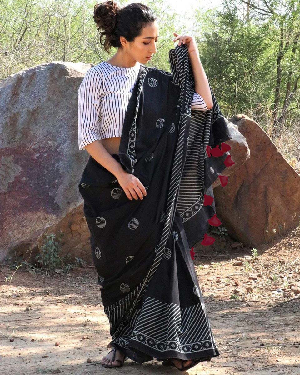 Black Moon Hand Blockprinted Cotton Saree