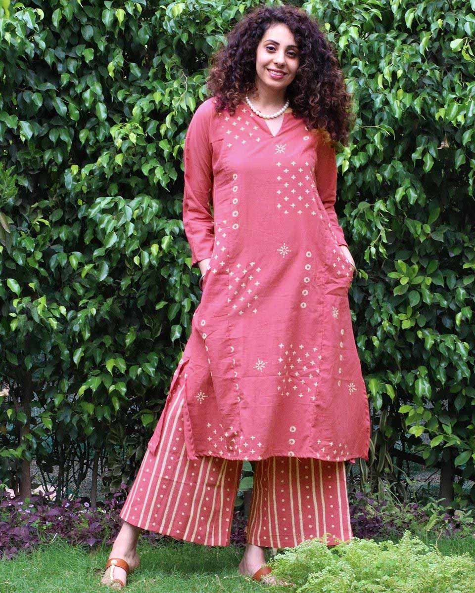 Pink Blockprinted Cotton Kurta Set Of 2