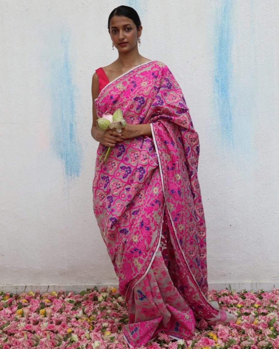 Gul-E-Farang Handwoven Jamdani Pure Linen Saree