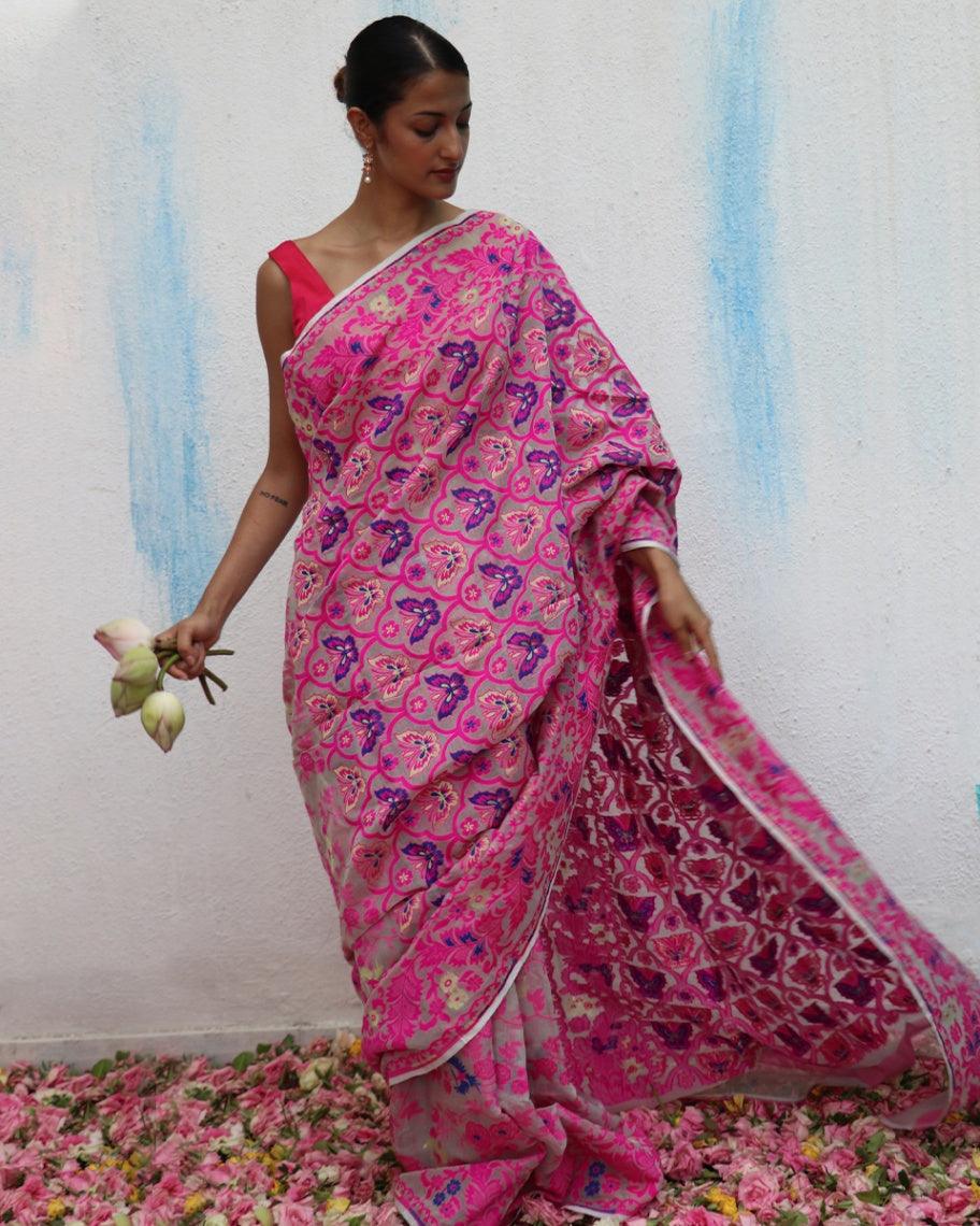 Gul-E-Farang Handwoven Jamdani Pure Linen Saree