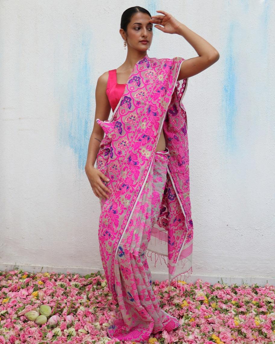 Gul-E-Farang Handwoven Jamdani Pure Linen Saree