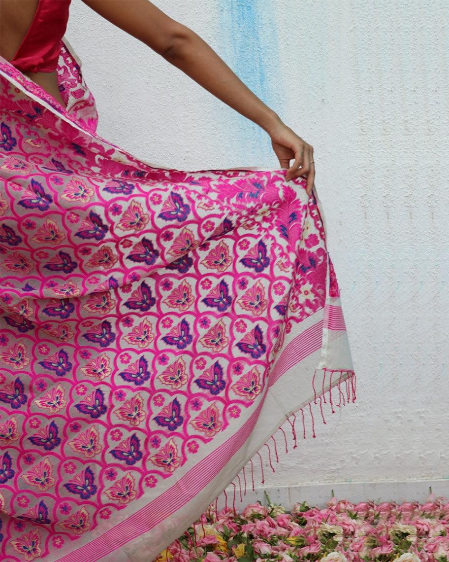 Gul-E-Farang Handwoven Jamdani Pure Linen Saree