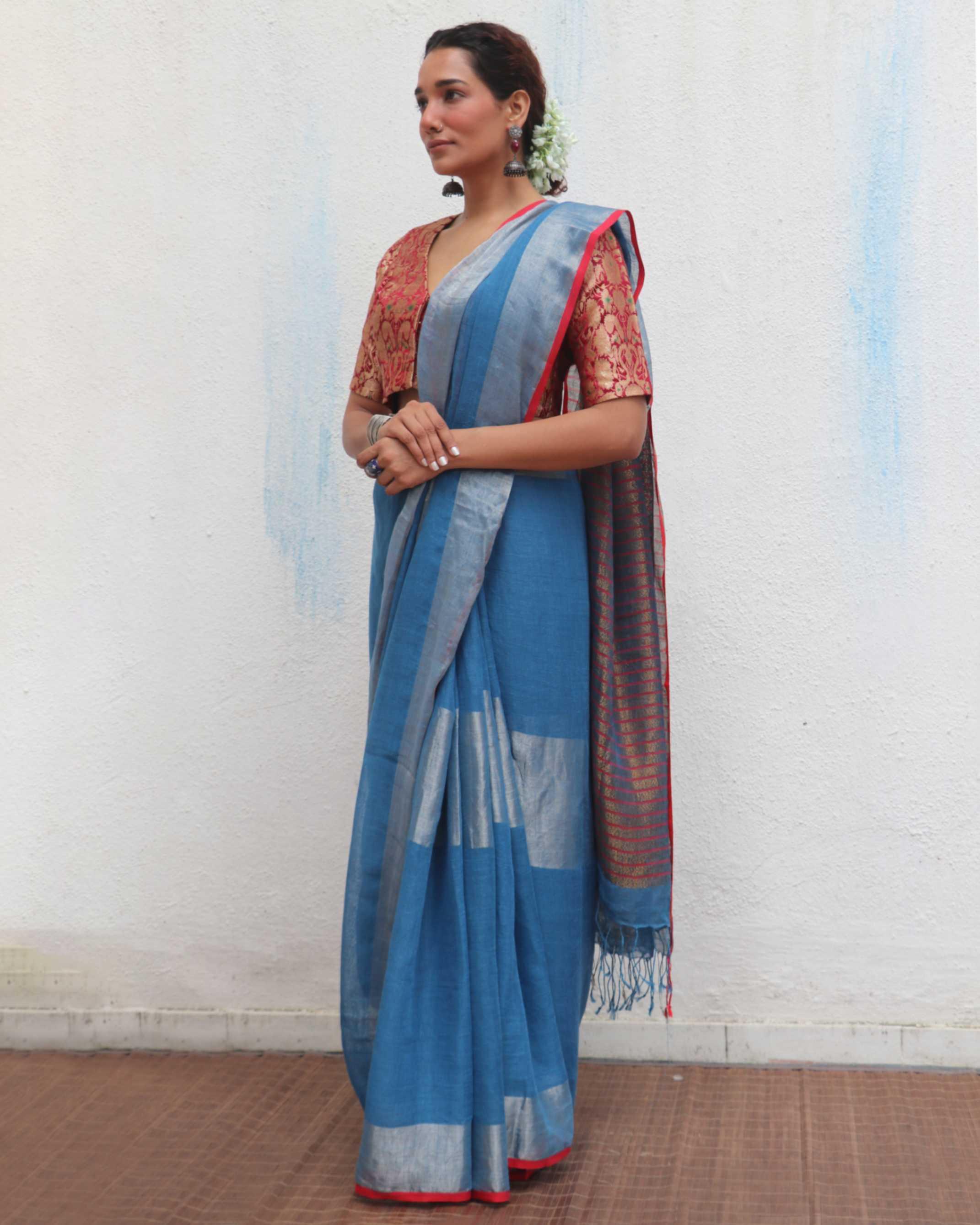 Varsha Handwoven Linen Zari Saree - Jheel