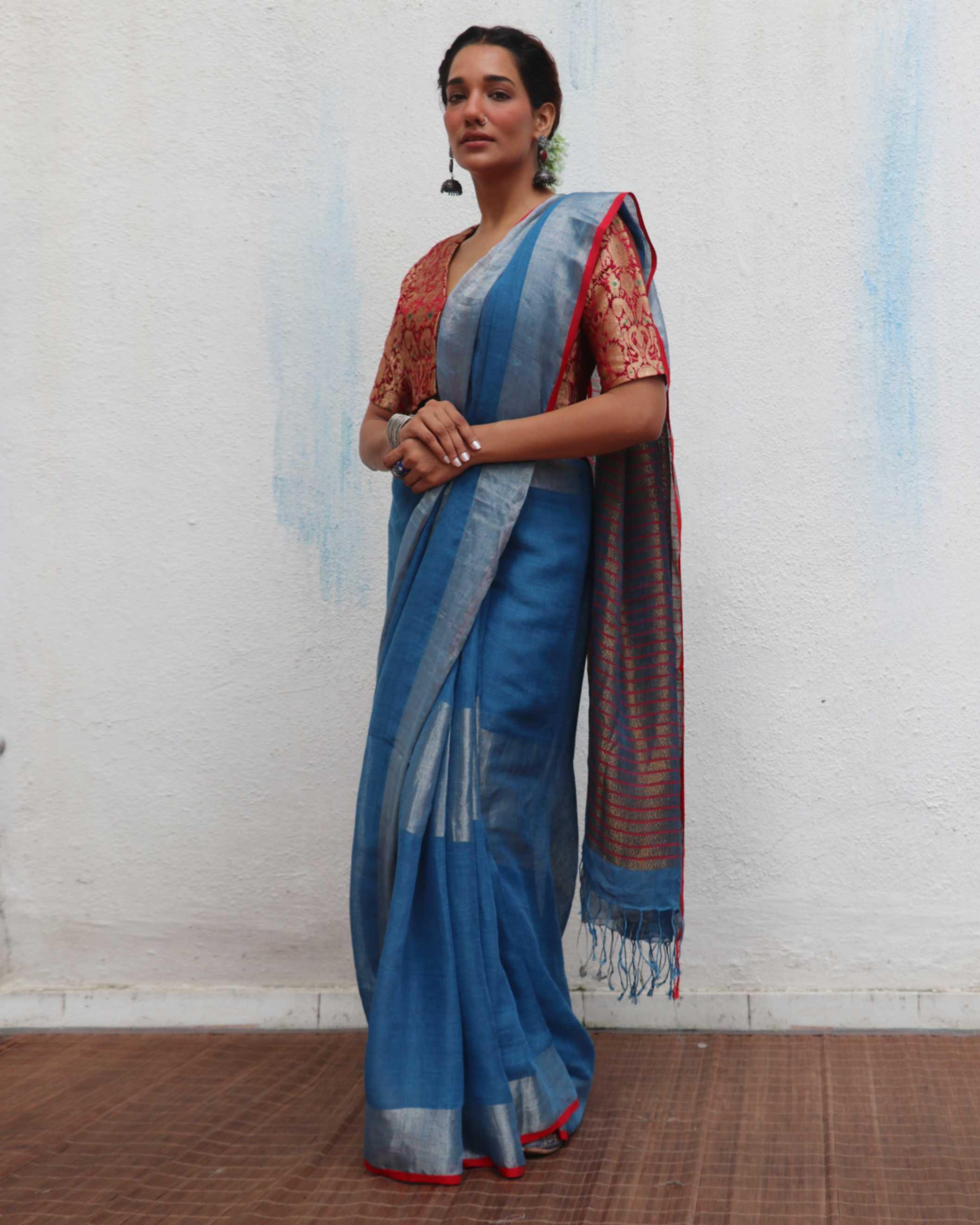 Varsha Handwoven Linen Zari Saree - Jheel