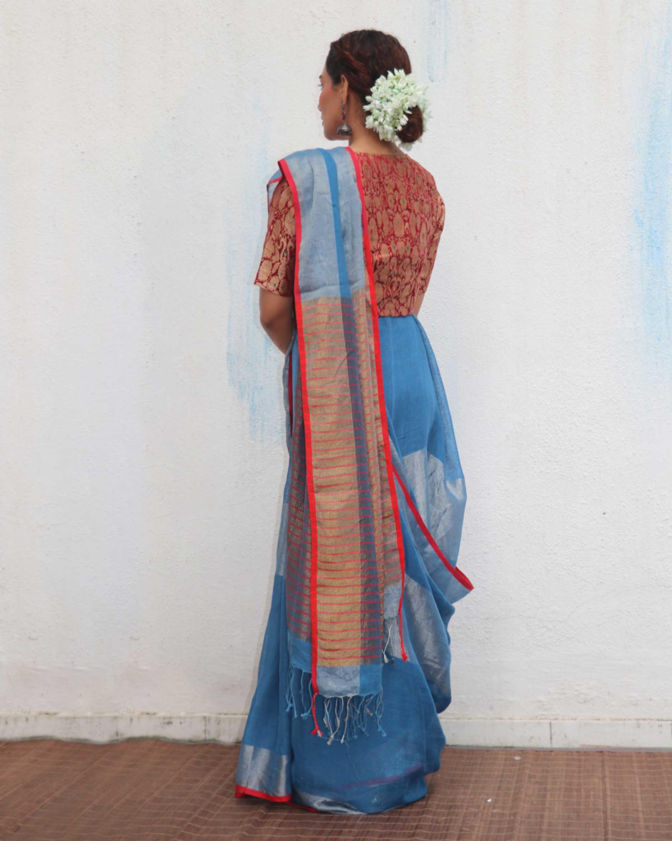 Varsha Handwoven Linen Zari Saree - Jheel