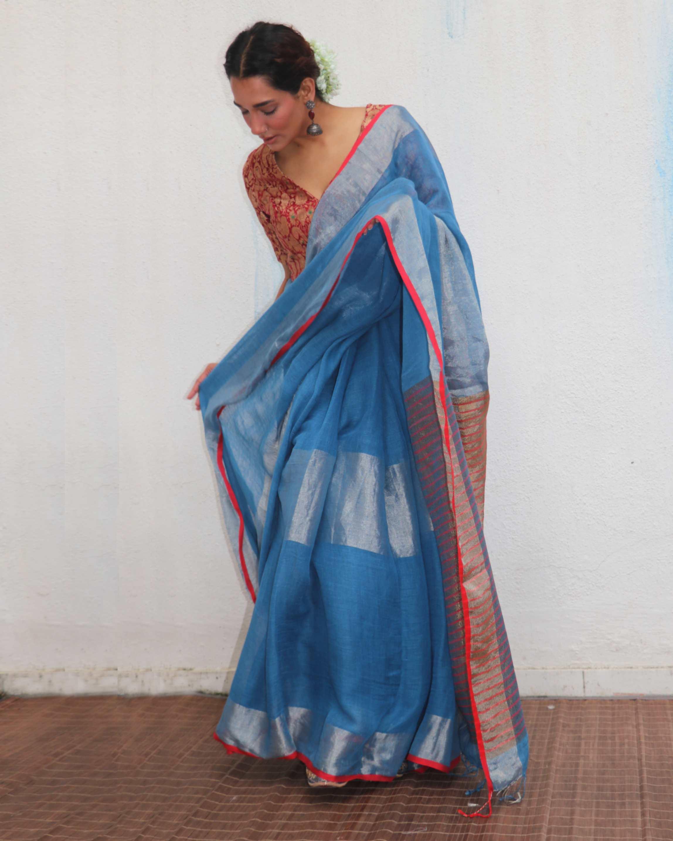 Varsha Handwoven Linen Zari Saree - Jheel