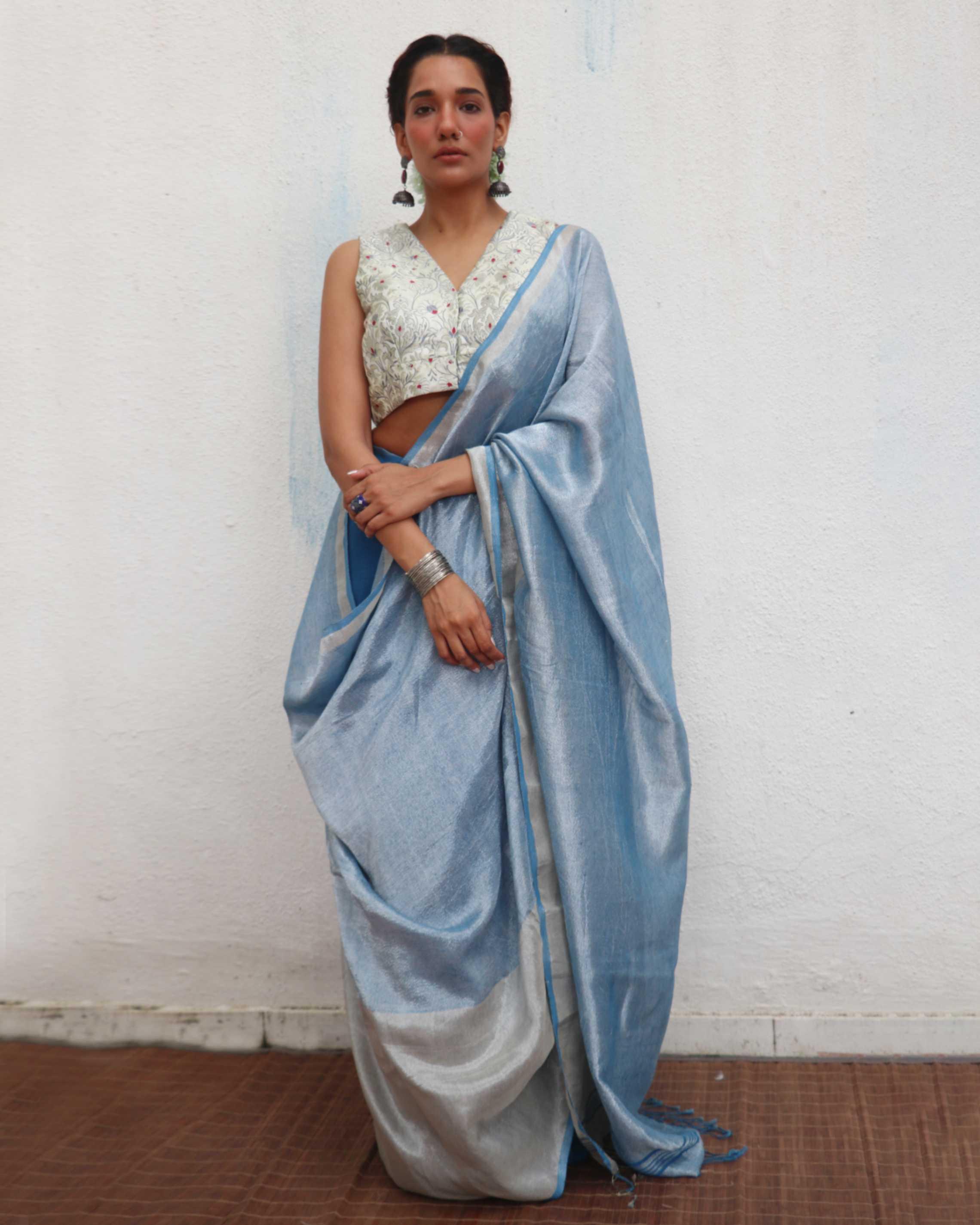 Mazha Handwoven Linen Zari Saree - Jheel