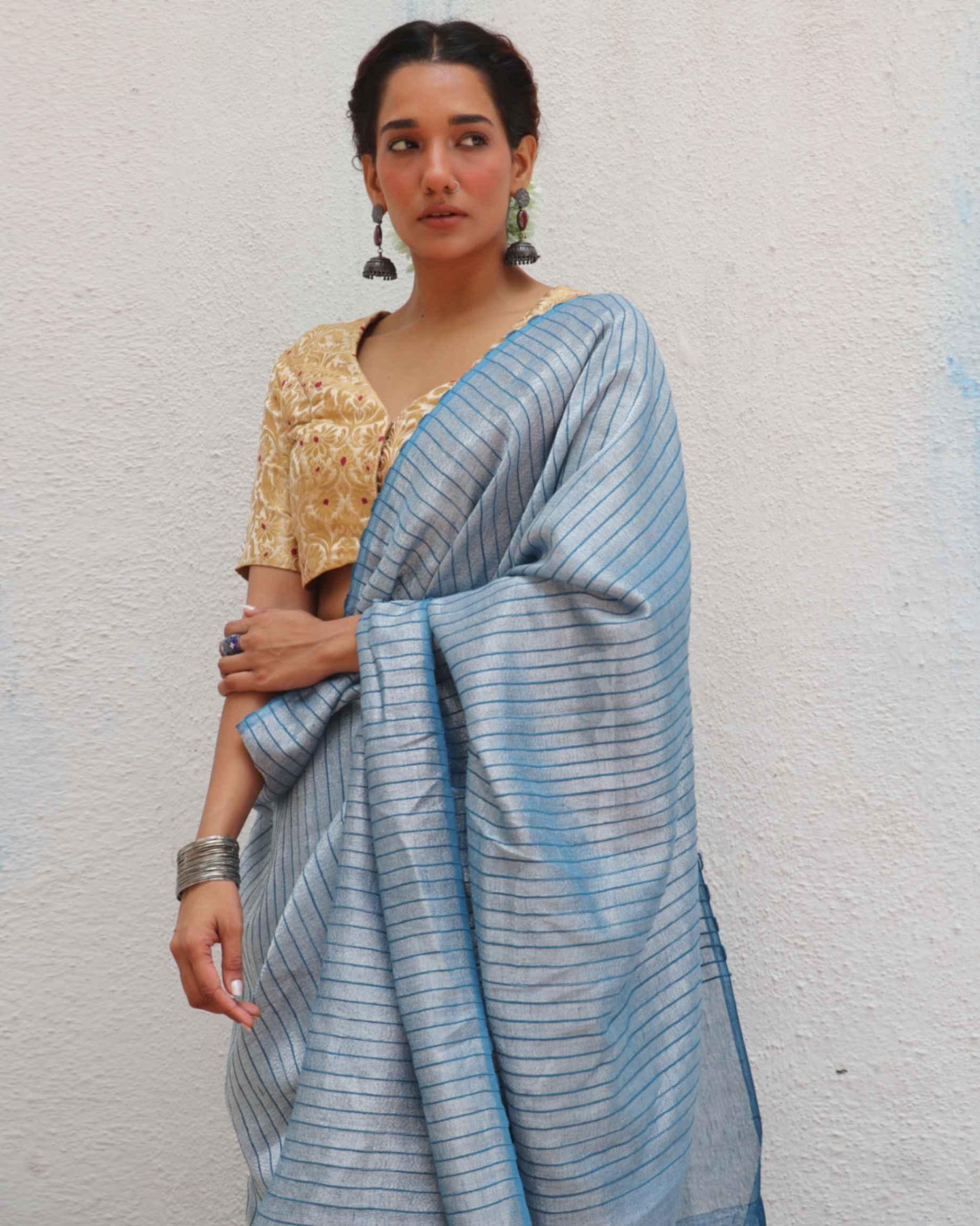 Anumeha Handwoven Linen Zari Saree - Jheel