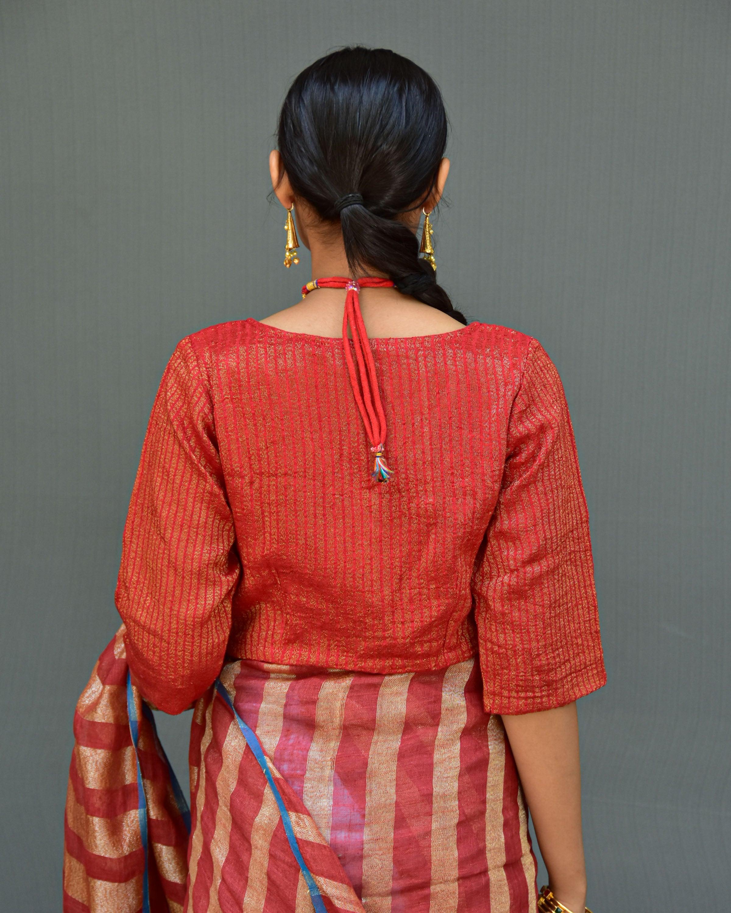 Clay Red Handwoven Linen Zari Blouse-Swarna