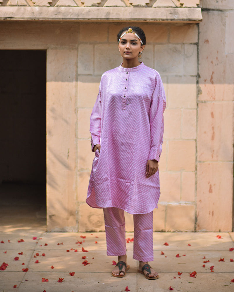 Soft Pink Striped Blockprinted Mashru Silk Kurta Set - Bhavri