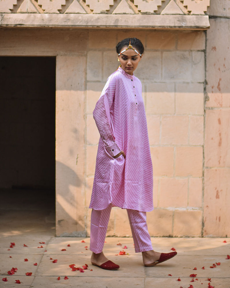 Soft Pink Striped Blockprinted Mashru Silk Kurta Set - Bhavri