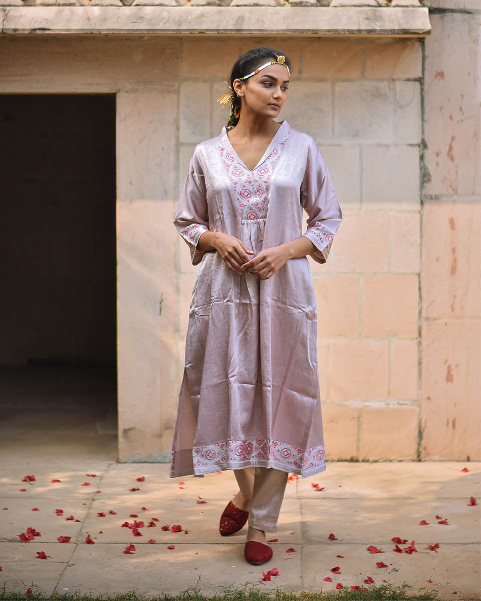 Moonrose Ensemble Pink Block printed Mashru Silk Kurta - LD