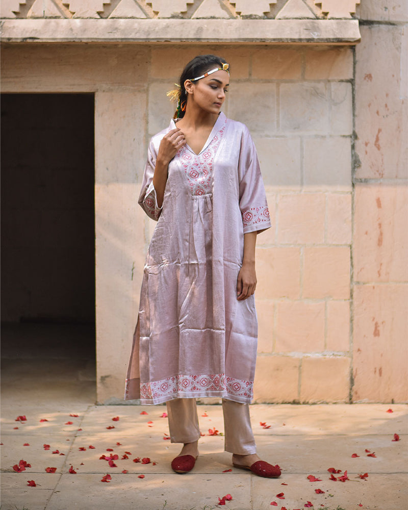 Blush Pink Blockprinted Mashru Silk Kurta Set - Bhavri