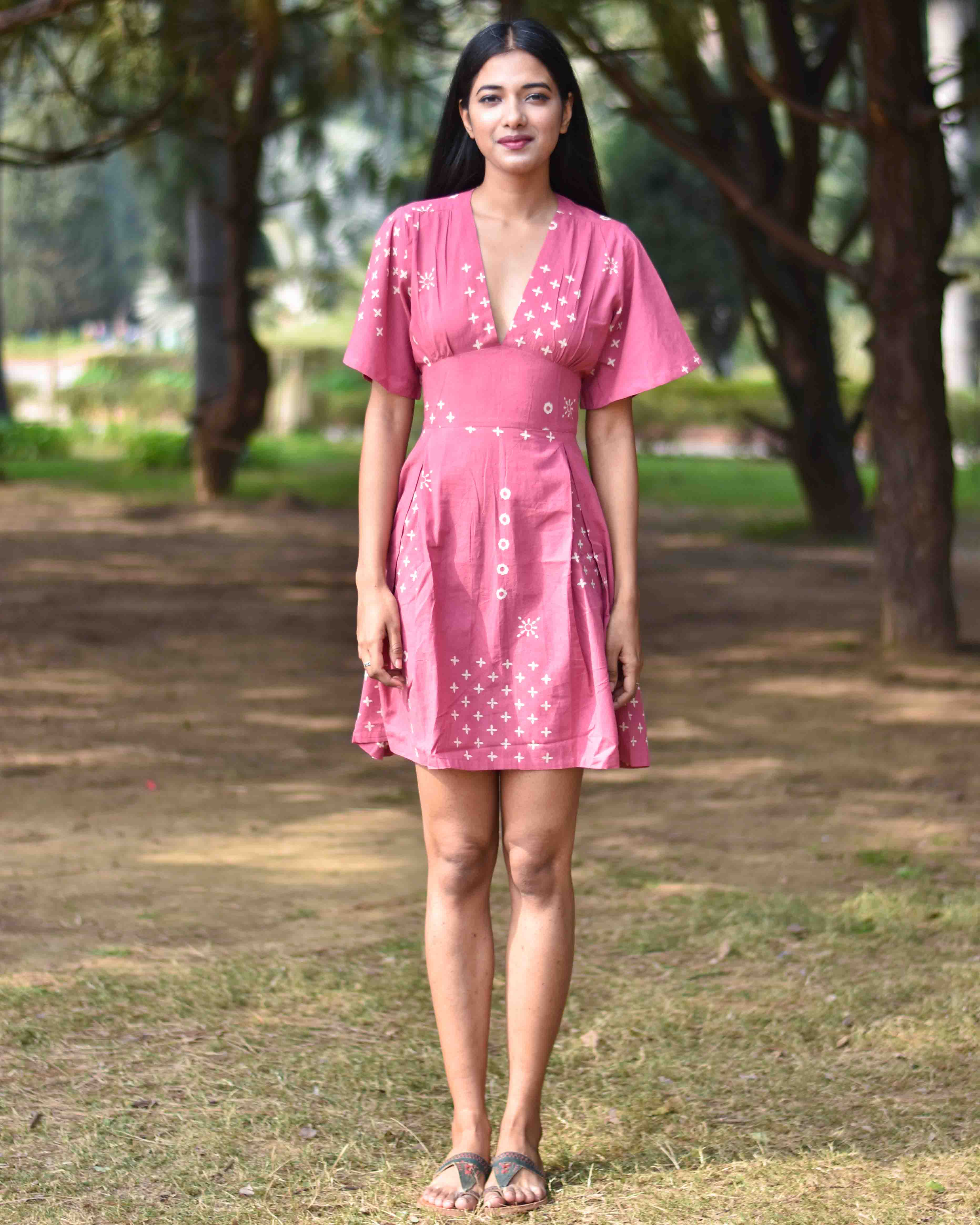 Pink Pure Cotton Block Printed Dress- Nupur