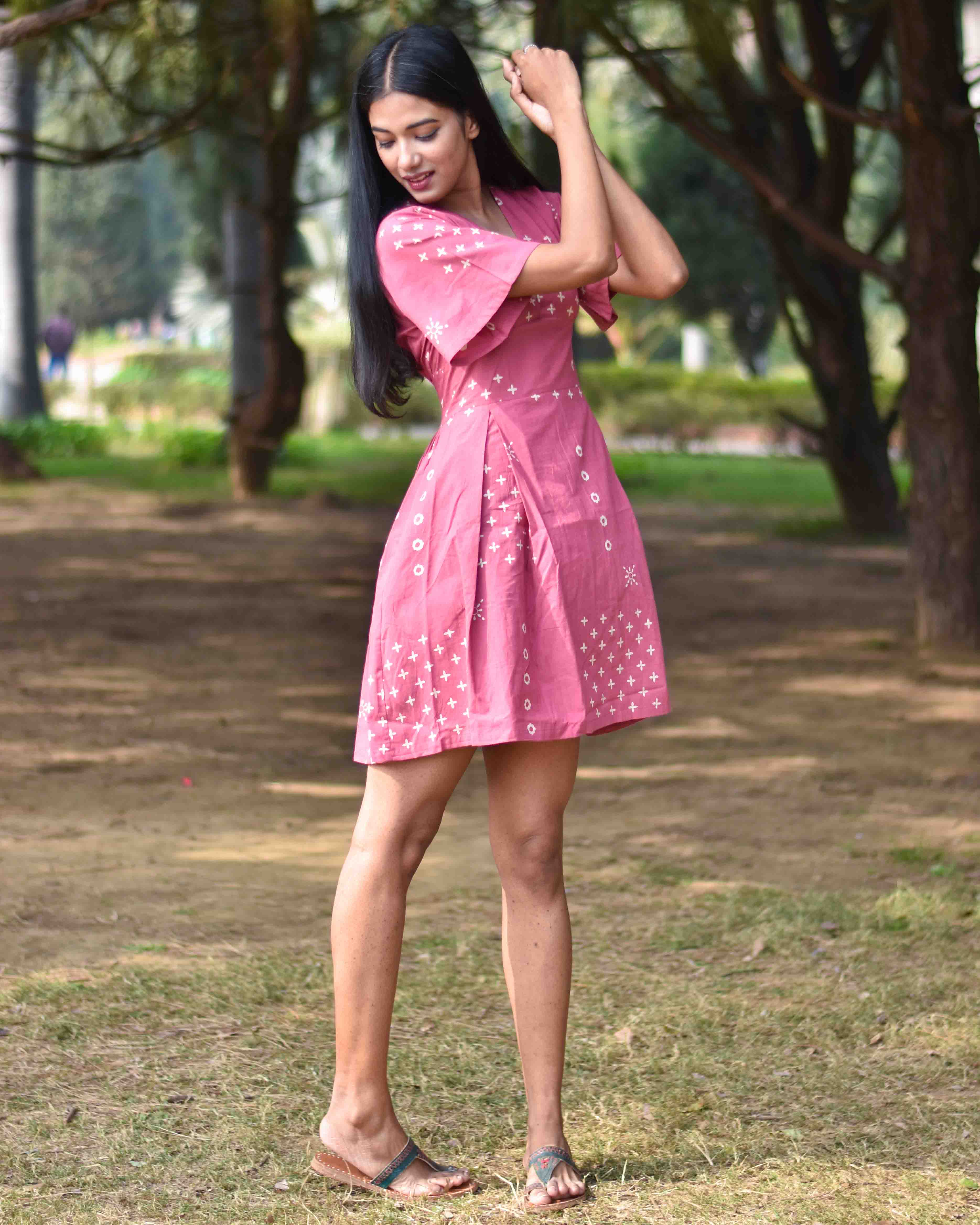 Pink Pure Cotton Block Printed Dress- Nupur