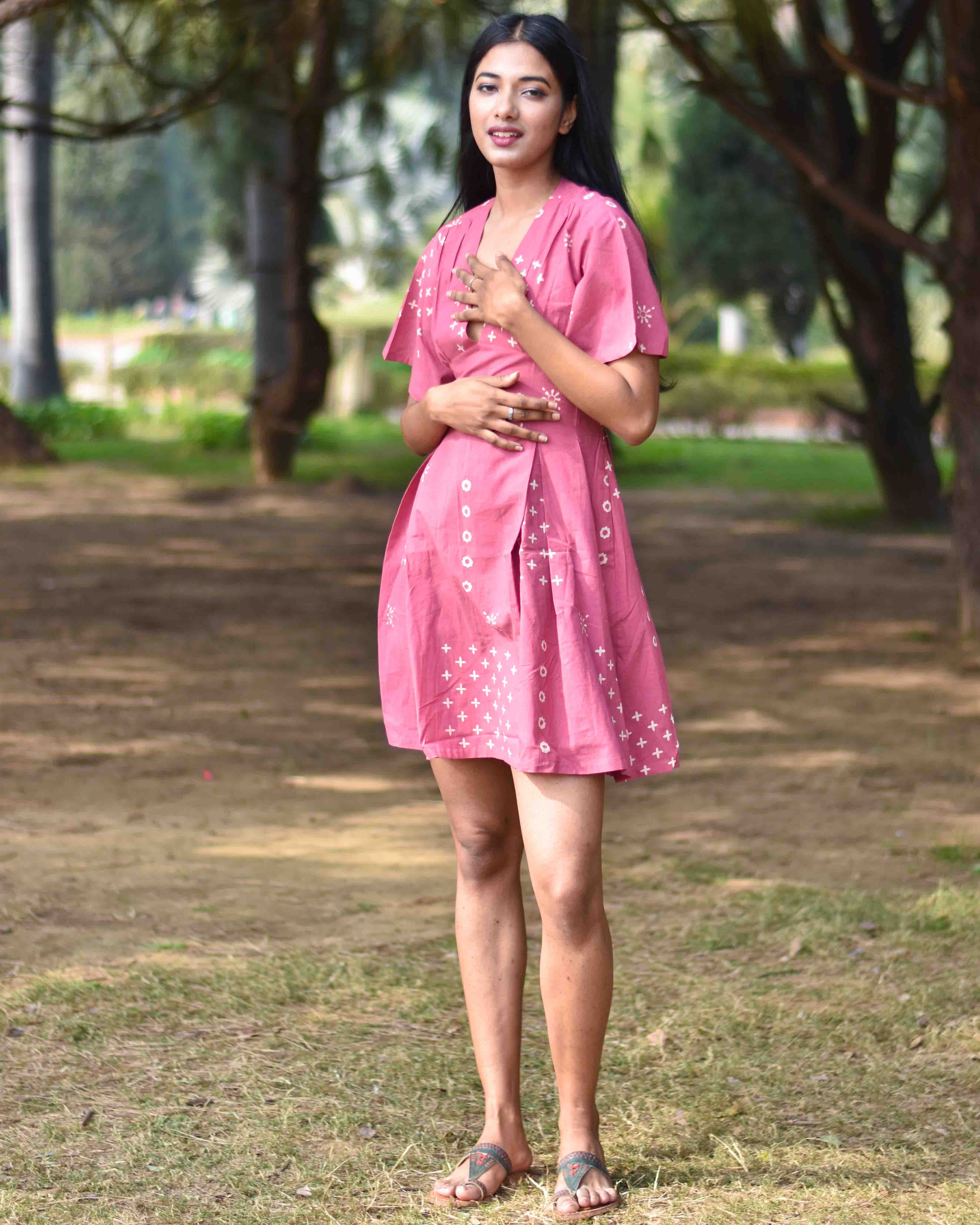 Pink Pure Cotton Block Printed Dress- Nupur