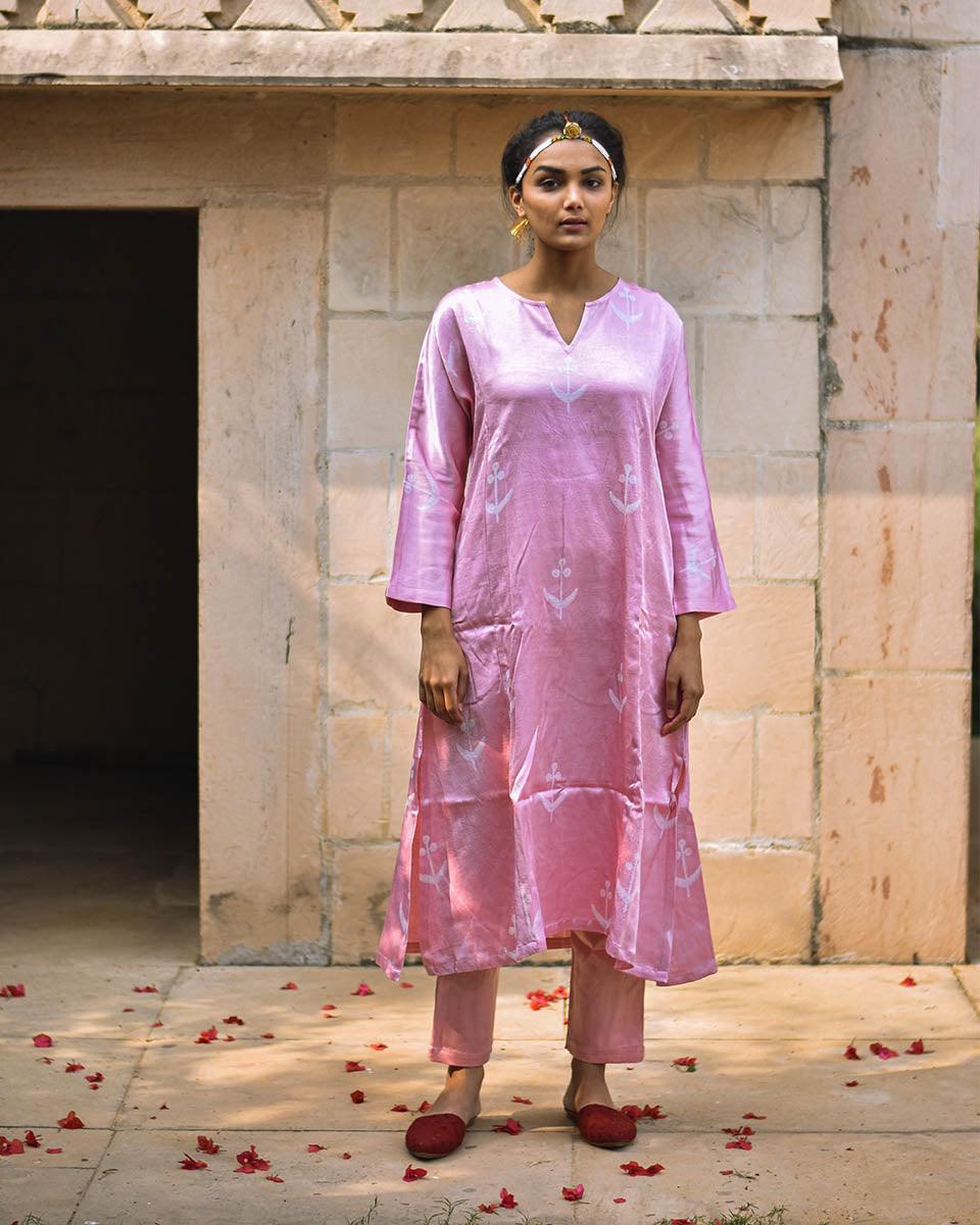 Pink Blockprinted Mashru Silk Kurta Set - Bhavri