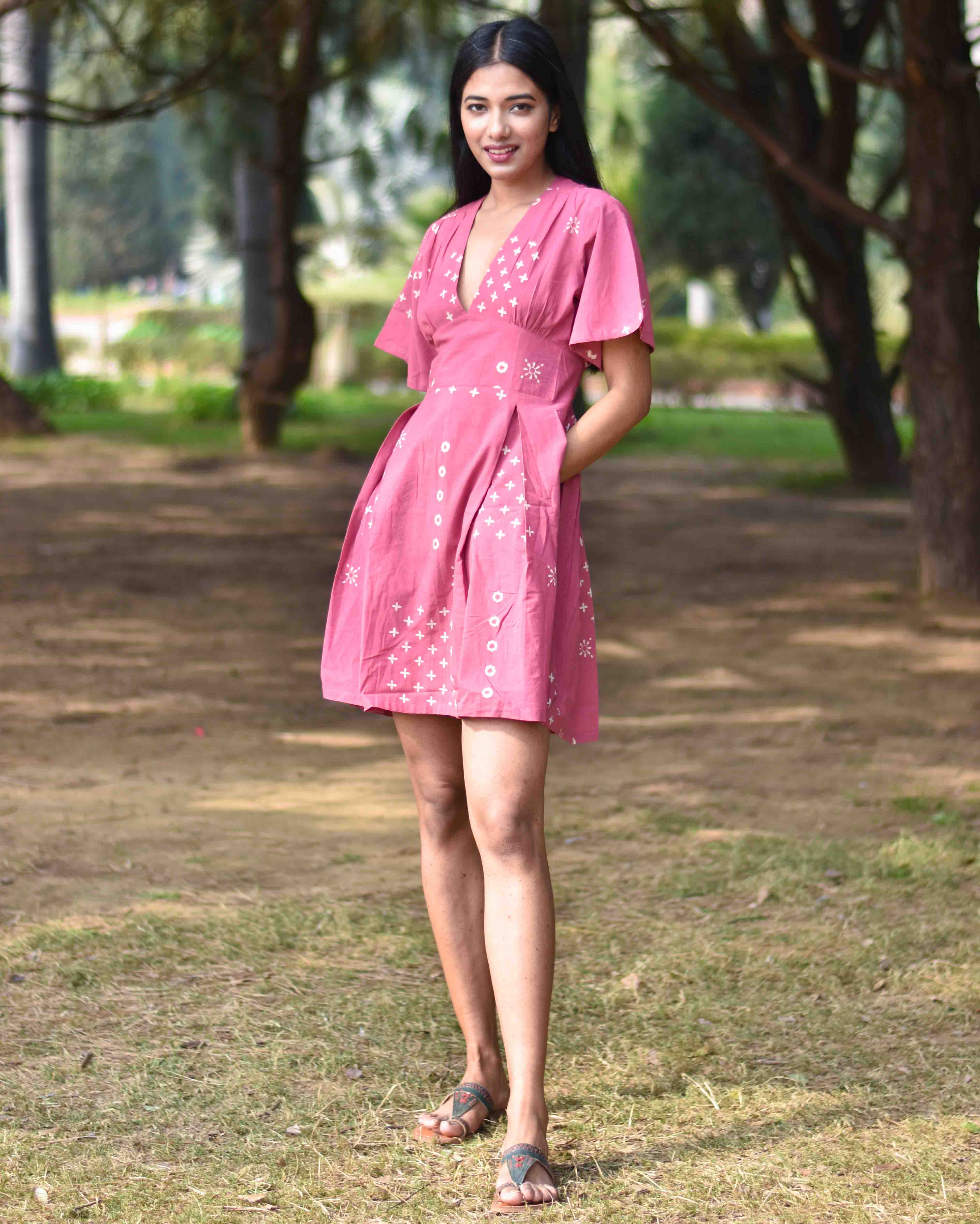 Pink Pure Cotton Block Printed Dress- Nupur