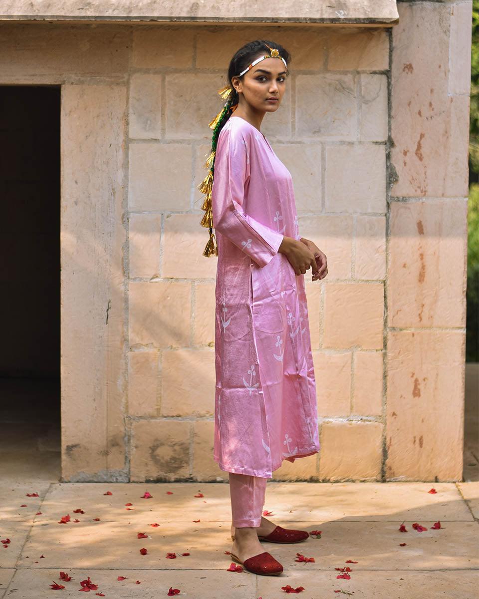 Pink Blockprinted Mashru Silk Kurta Set - Bhavri