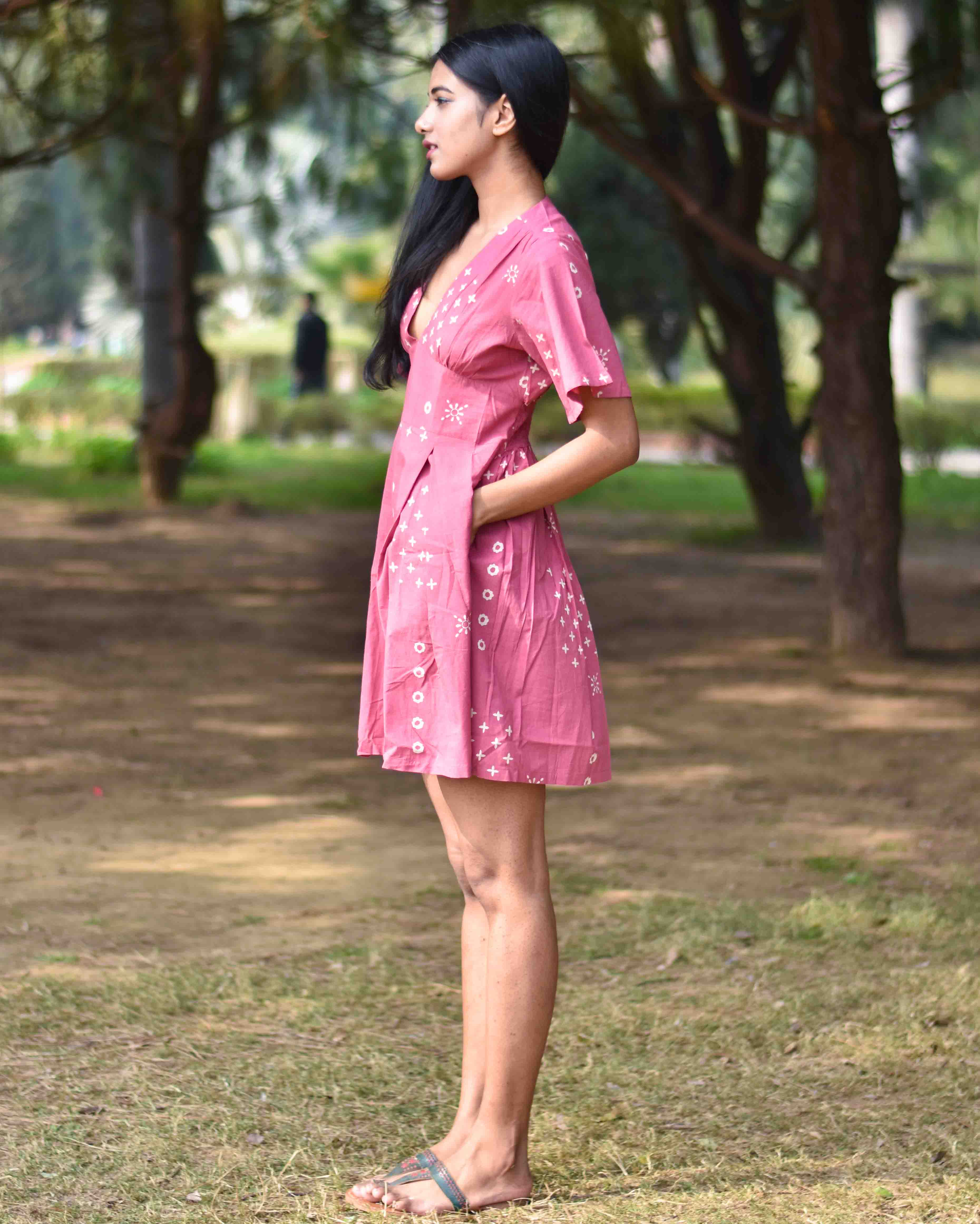 Pink Pure Cotton Block Printed Dress- Nupur