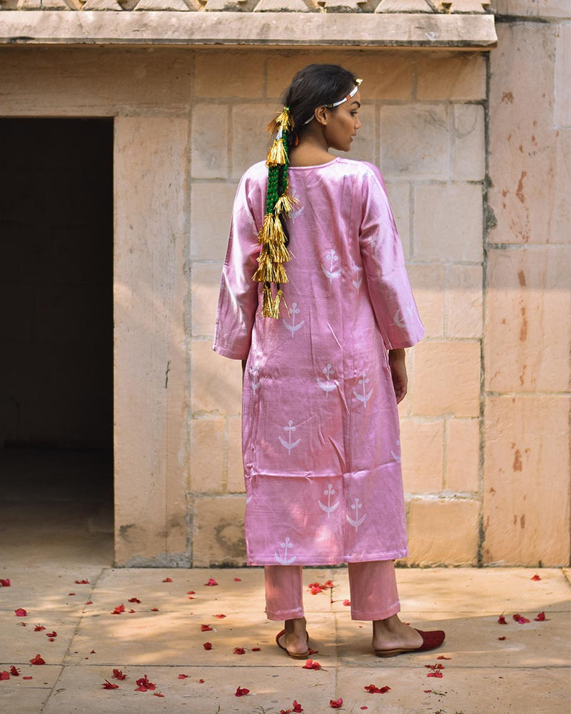Pink Blockprinted Mashru Silk Kurta Set - Bhavri
