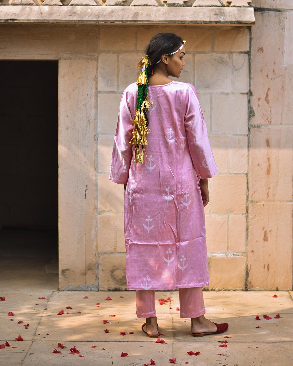 Pink Blockprinted Mashru Silk Kurta Set - Bhavri