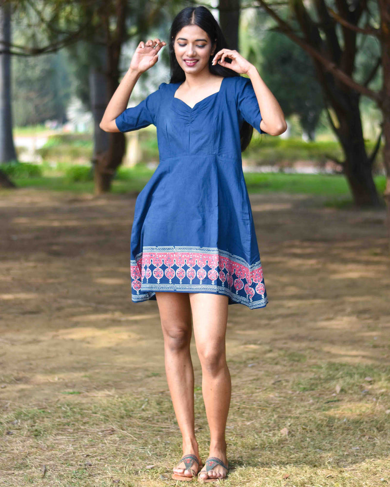 Blue Border Pure Cotton Block Printed Dress- Nupur