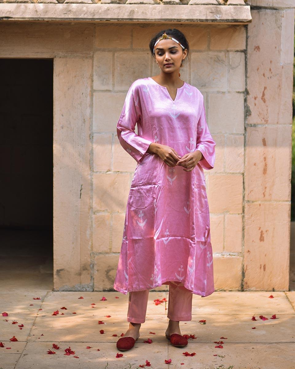 Pink Blockprinted Mashru Silk Kurta Set - Bhavri