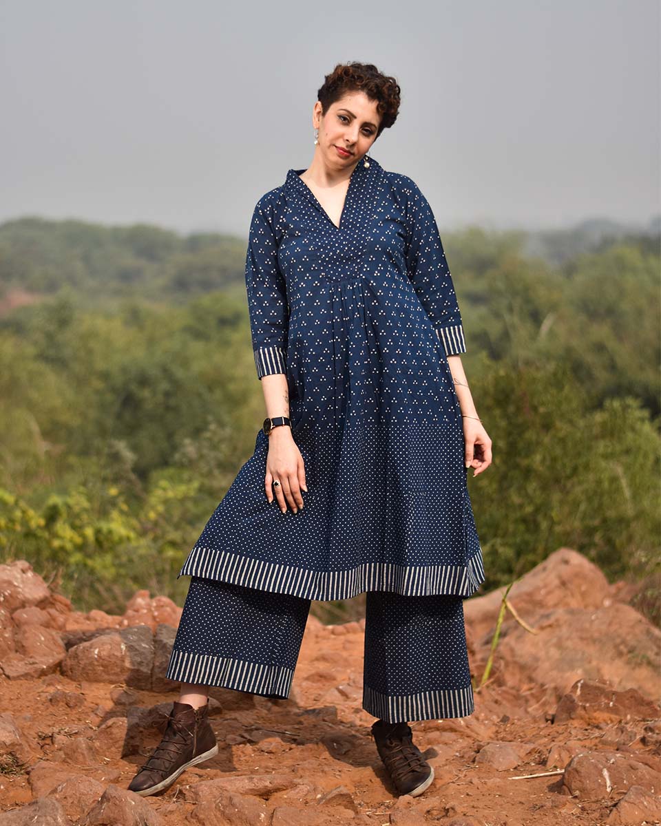 Moon shadow Indigo Hand Block printed Cotton Pant-LD