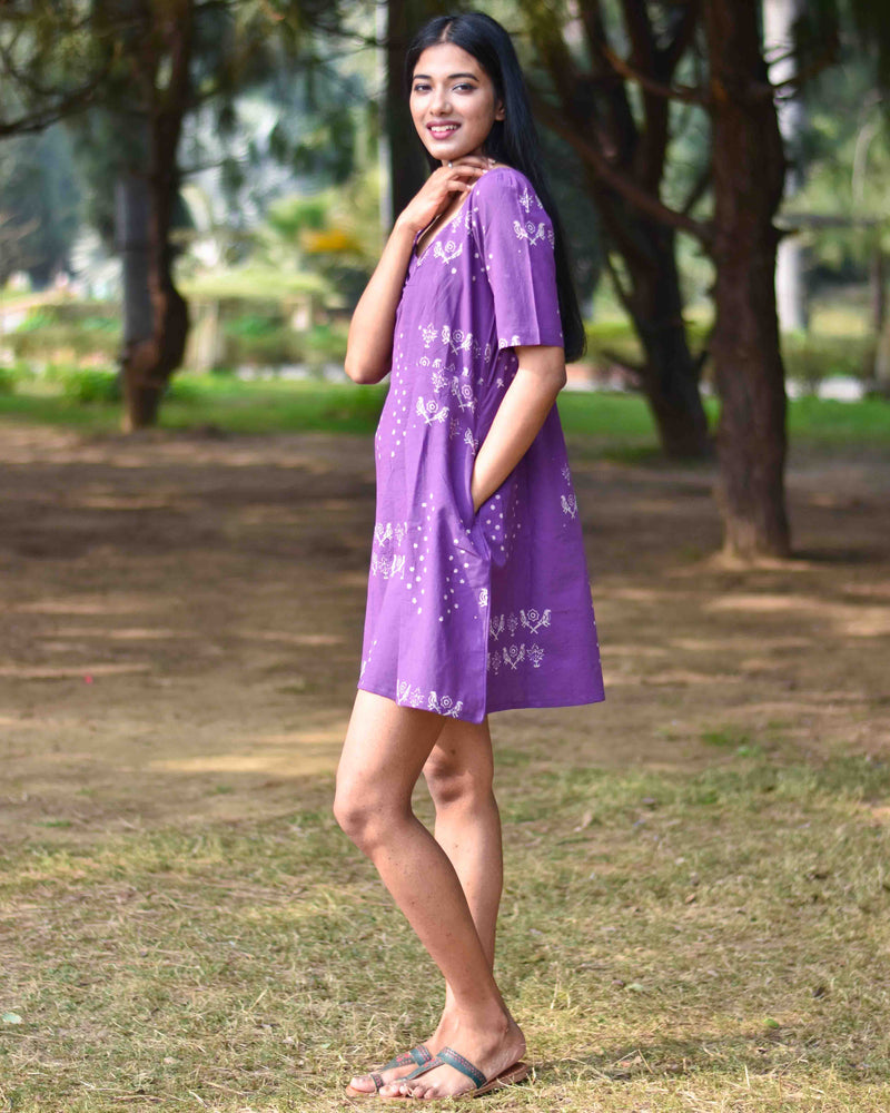 Purple Pure Cotton Block Printed Dress- Nupur