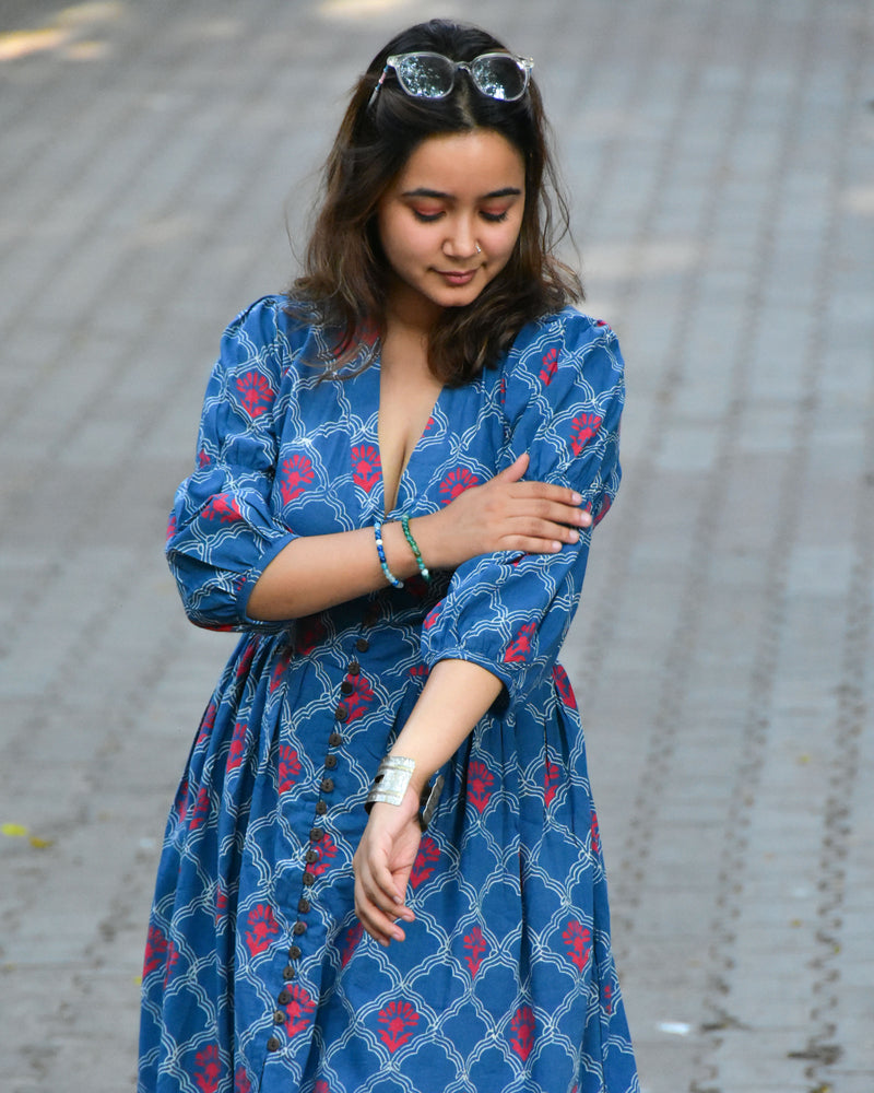 Midnight Blooms Hand Block-Printed Cotton Dress -  Neelanjali