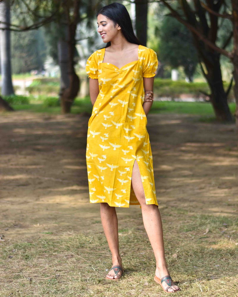 Sunrise Yellow Bird Block Printed Cotton Dress- Soe