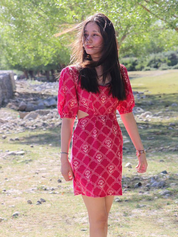 Primrose Pink Block Printed Cotton Dress -  Zanskar