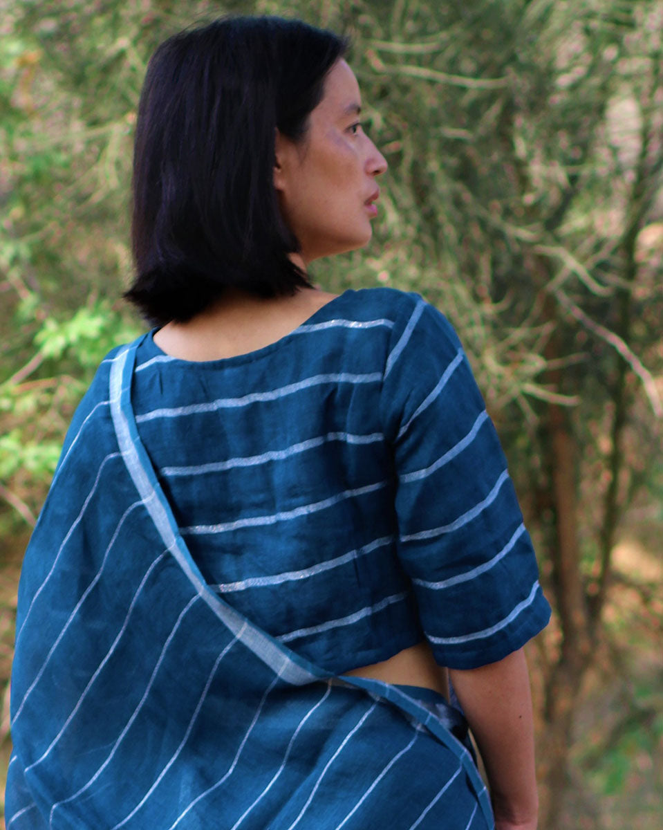 Blue A Line Handwoven Linen Zari Blouse