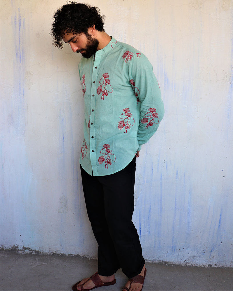 Sea Green Ginkgo Blockprinted Men'S Shirt