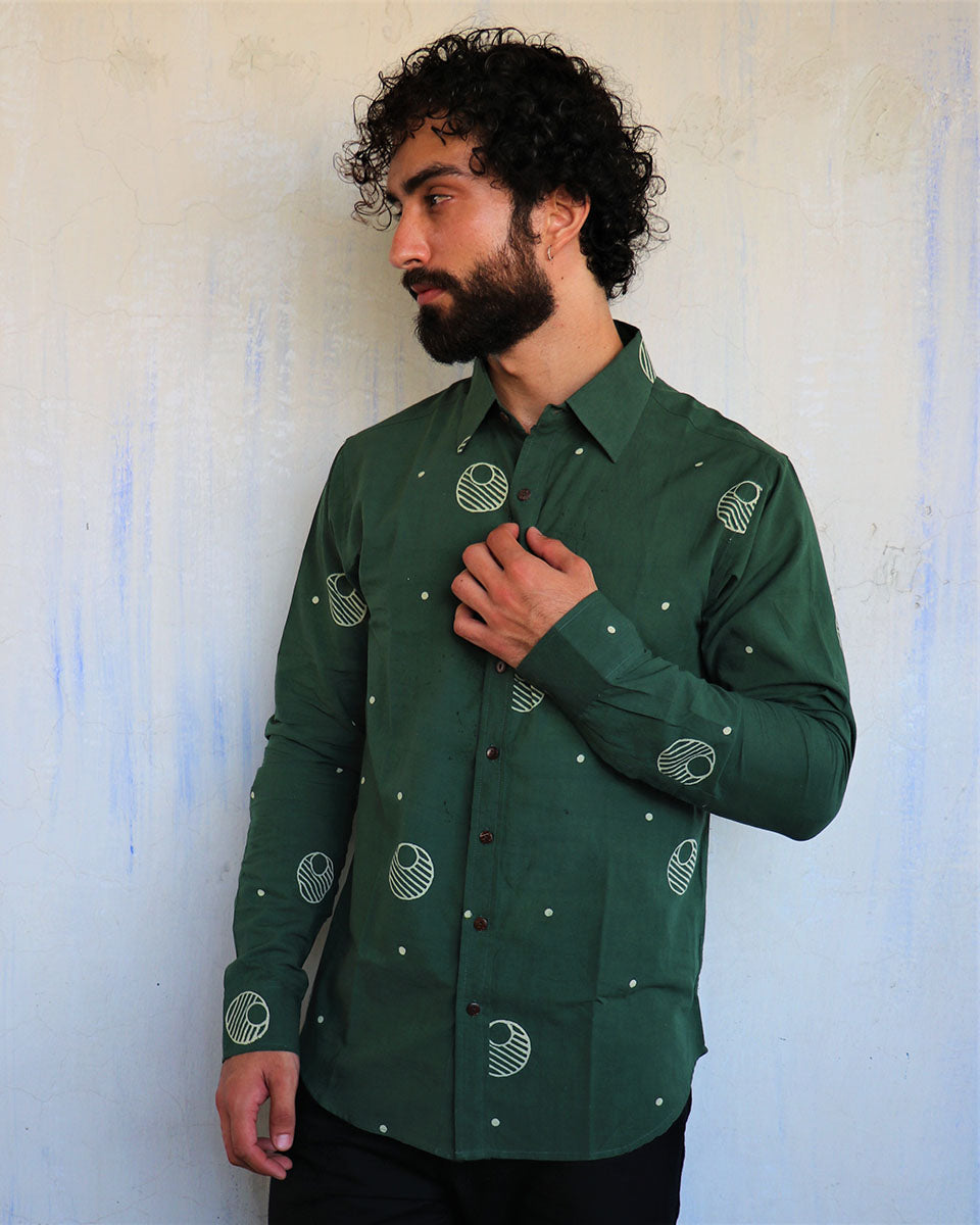 Emerald Green Crescent Moon Blockprinted Men'S Shirt